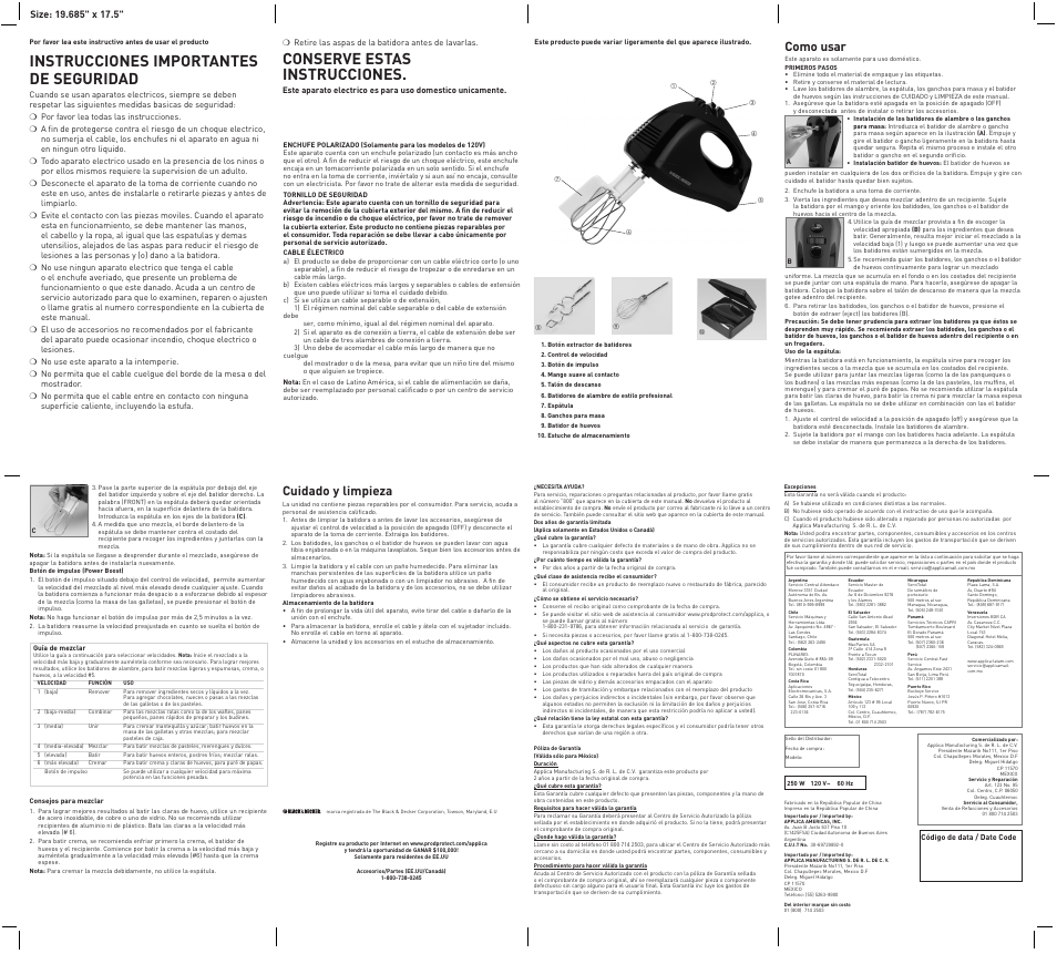 Instrucciones importantes de seguridad, Conserve estas instrucciones, Como usar | Cuidado y limpieza | Black & Decker MX217 User Manual | Page 2 / 2