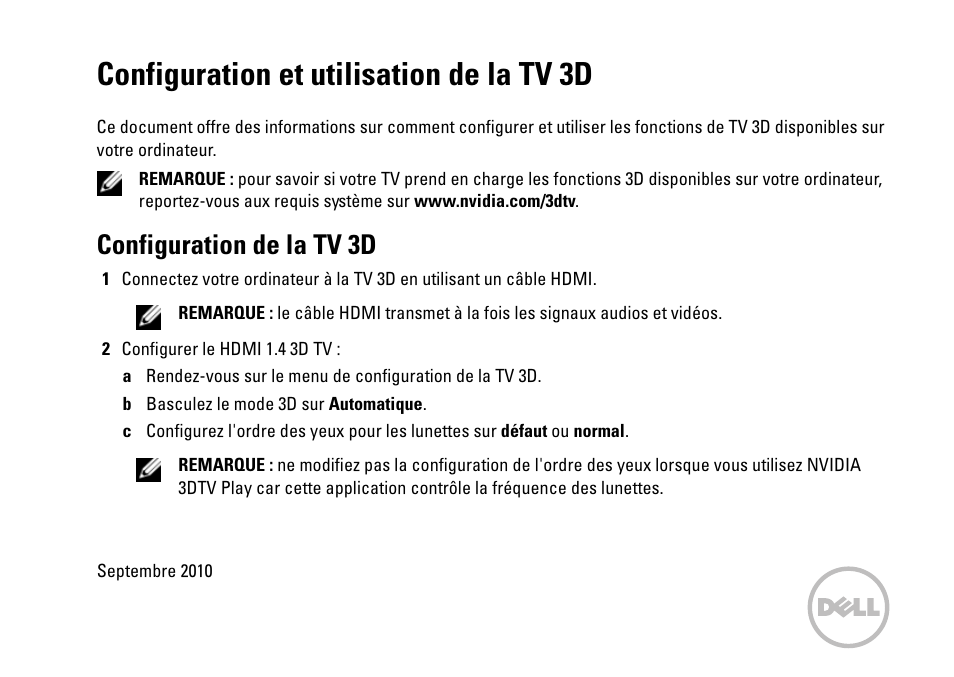Configuration et utilisation de la tv 3d, Configuration de la tv 3d | Dell XPS 17 (L701X, Late 2010) User Manual | Page 17 / 40