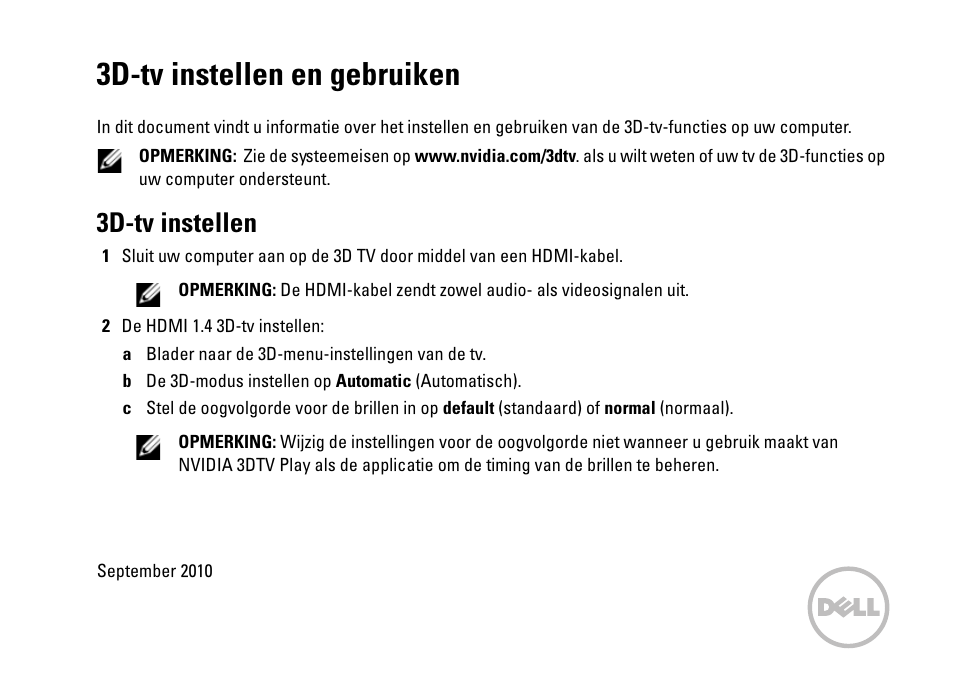 3d-tv instellen en gebruiken, 3d-tv instellen | Dell XPS 17 (L701X, Late 2010) User Manual | Page 9 / 40