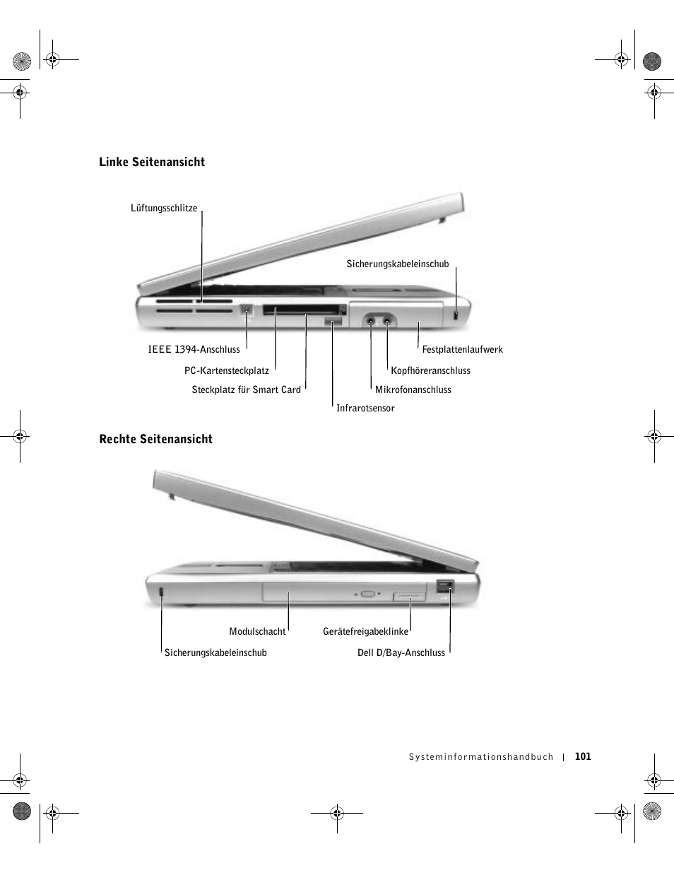 Linke seitenansicht, Rechte seitenansicht | Dell Latitude D800 User Manual | Page 103 / 198