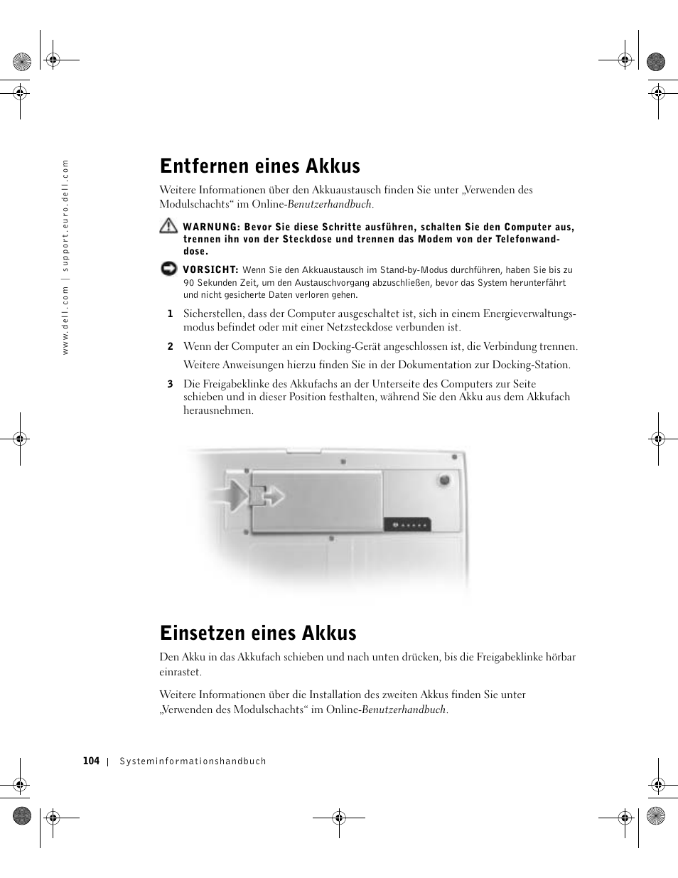 Entfernen eines akkus, Einsetzen eines akkus | Dell Latitude D800 User Manual | Page 106 / 198