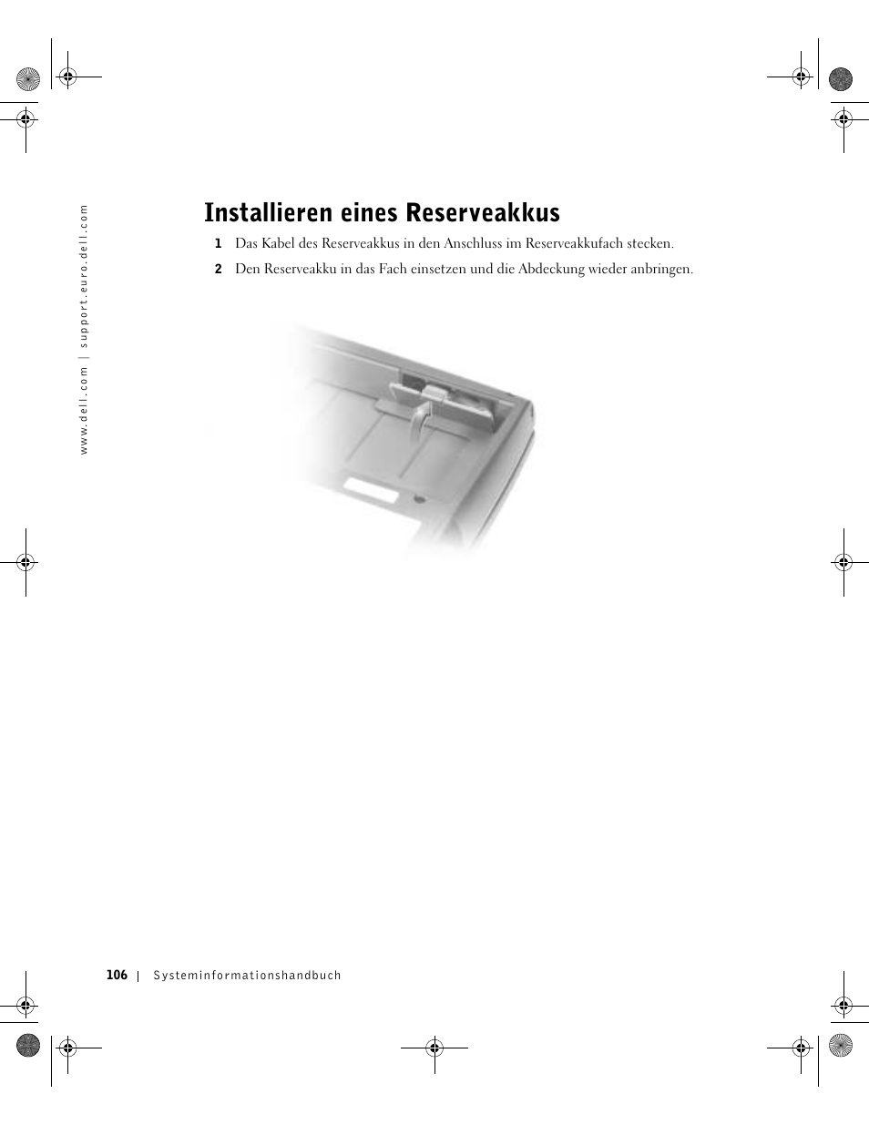 Installieren eines reserveakkus | Dell Latitude D800 User Manual | Page 108 / 198