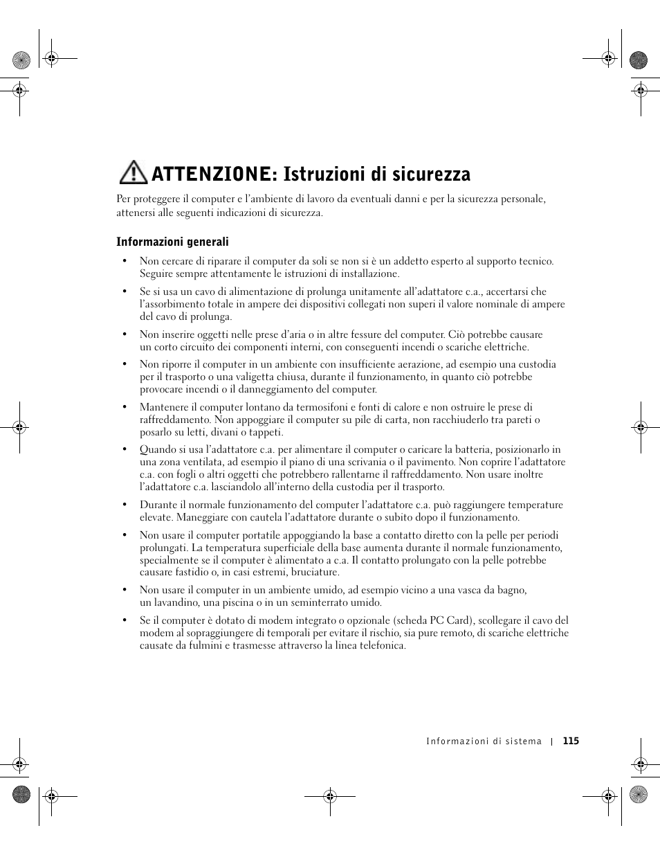 Attenzione: istruzioni di sicurezza, Informazioni generali | Dell Latitude D800 User Manual | Page 117 / 198