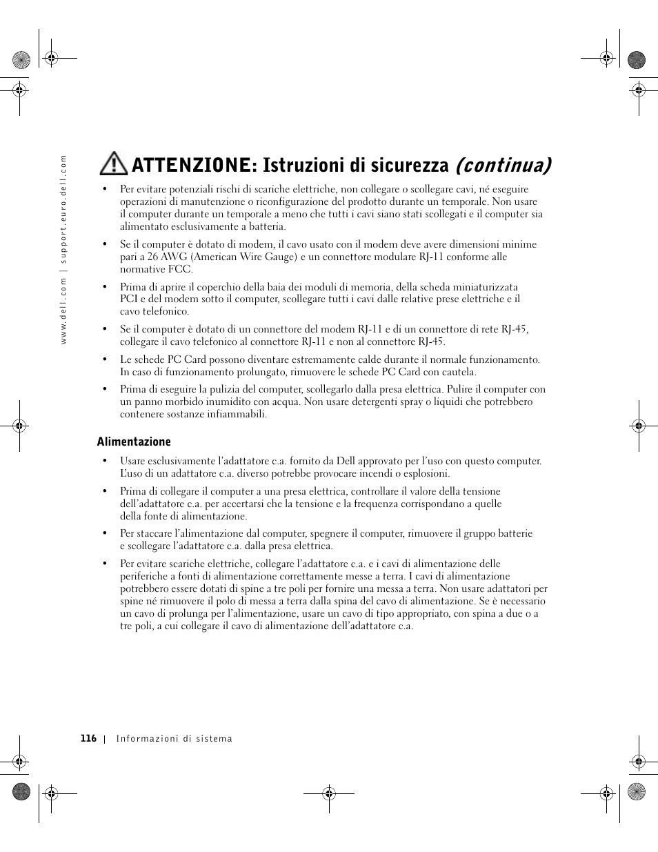 Alimentazione, Attenzione: istruzioni di sicurezza (continua) | Dell Latitude D800 User Manual | Page 118 / 198