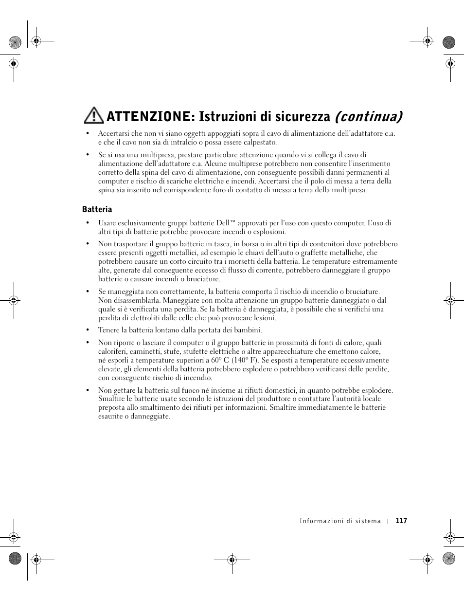 Batteria, Attenzione: istruzioni di sicurezza (continua) | Dell Latitude D800 User Manual | Page 119 / 198