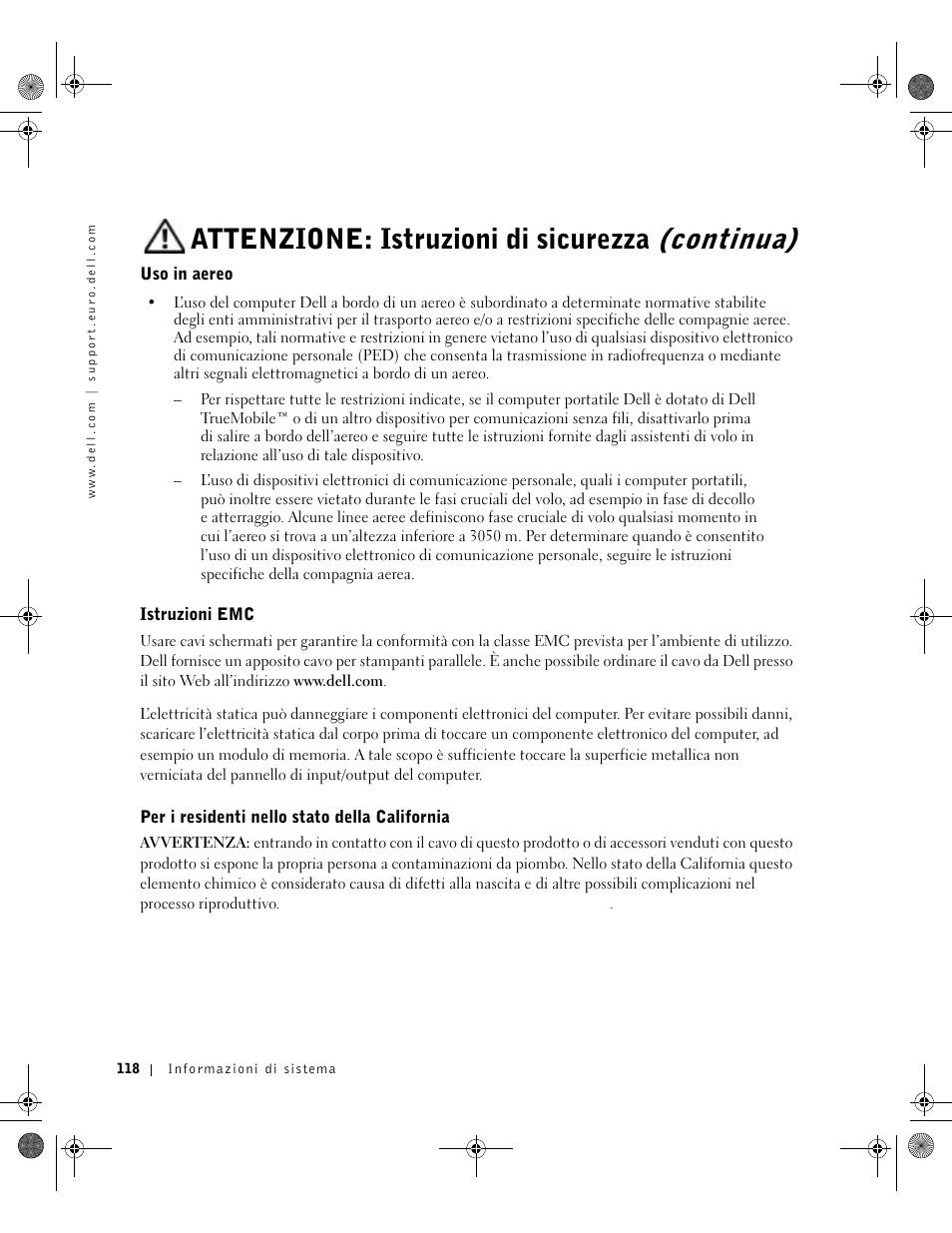 Uso in aereo, Istruzioni emc, Per i residenti nello stato della california | Attenzione: istruzioni di sicurezza (continua) | Dell Latitude D800 User Manual | Page 120 / 198