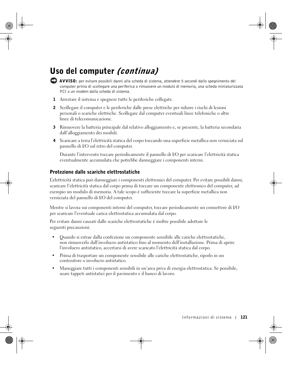 Protezione dalle scariche elettrostatiche, Uso del computer (continua) | Dell Latitude D800 User Manual | Page 123 / 198