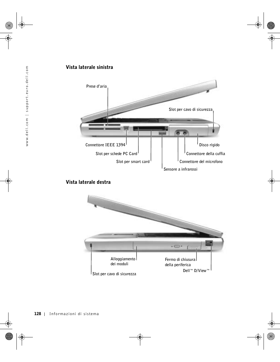 Vista laterale sinistra, Vista laterale destra | Dell Latitude D800 User Manual | Page 130 / 198
