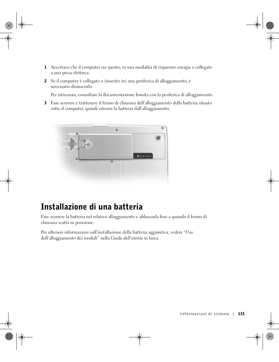 Installazione di una batteria | Dell Latitude D800 User Manual | Page 133 / 198