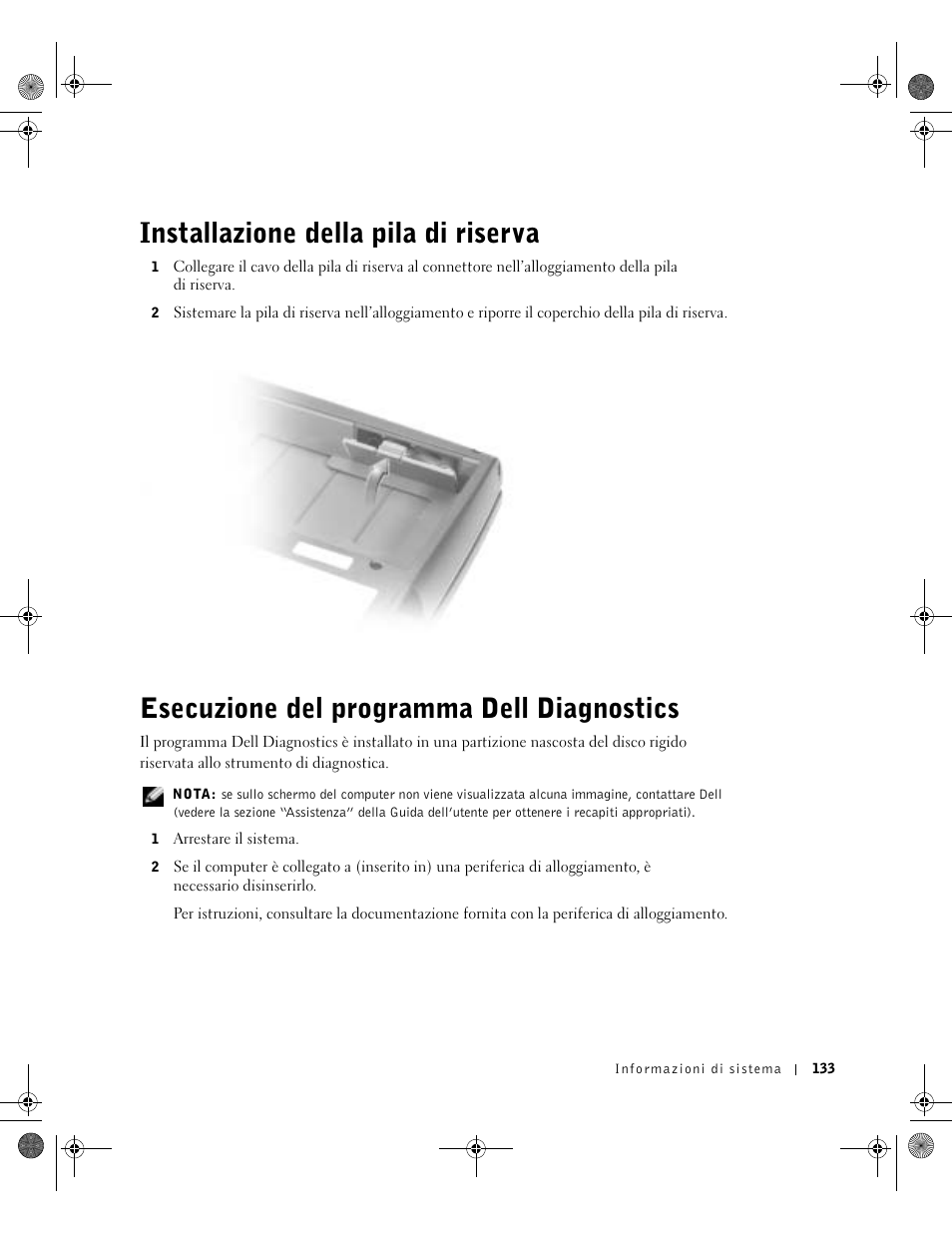 Installazione della pila di riserva, Esecuzione del programma dell diagnostics | Dell Latitude D800 User Manual | Page 135 / 198