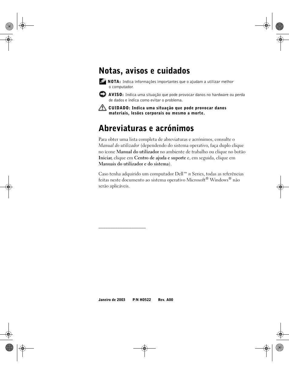 Notas, avisos e cuidados, Abreviaturas e acrónimos | Dell Latitude D800 User Manual | Page 142 / 198