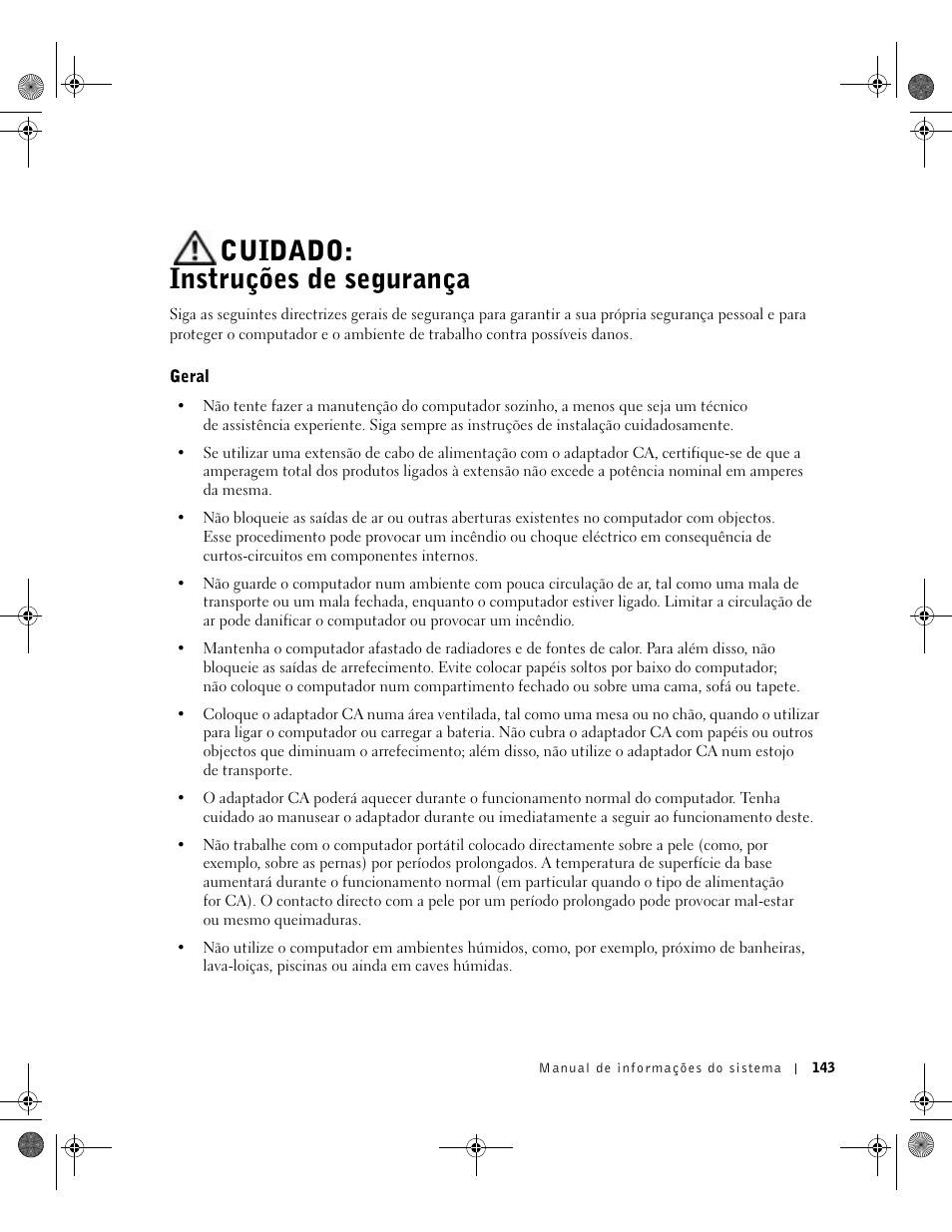 Cuidado: instruções de segurança, Geral | Dell Latitude D800 User Manual | Page 145 / 198