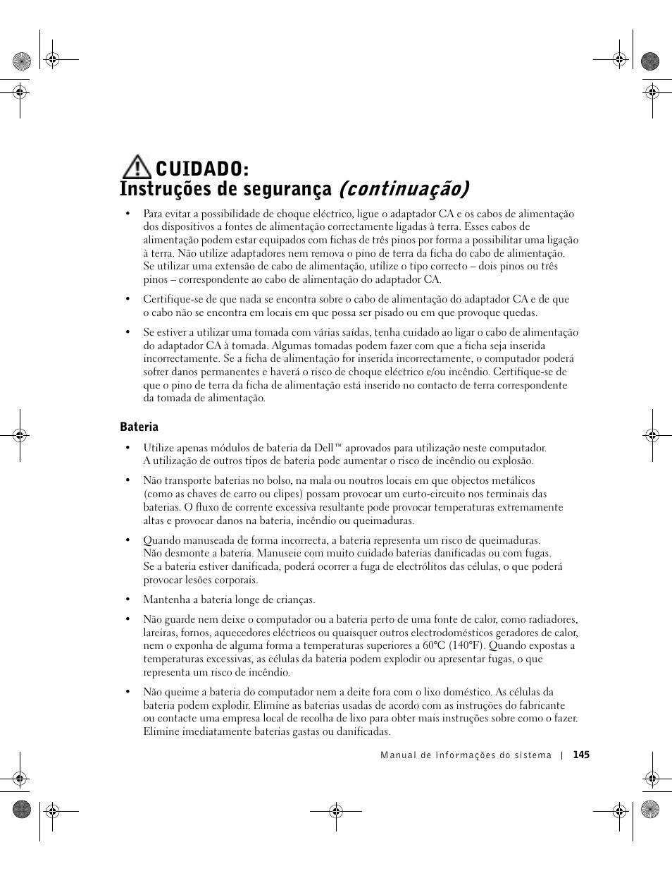 Bateria, Cuidado: instruções de segurança (continuação) | Dell Latitude D800 User Manual | Page 147 / 198