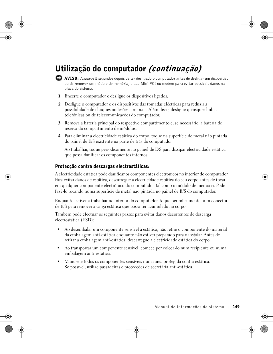 Protecção contra descargas electrostáticas, Utilização do computador (continuação) | Dell Latitude D800 User Manual | Page 151 / 198