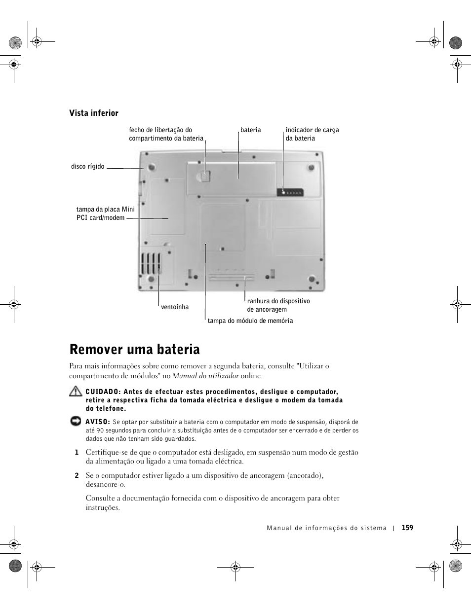 Vista inferior, Remover uma bateria | Dell Latitude D800 User Manual | Page 161 / 198