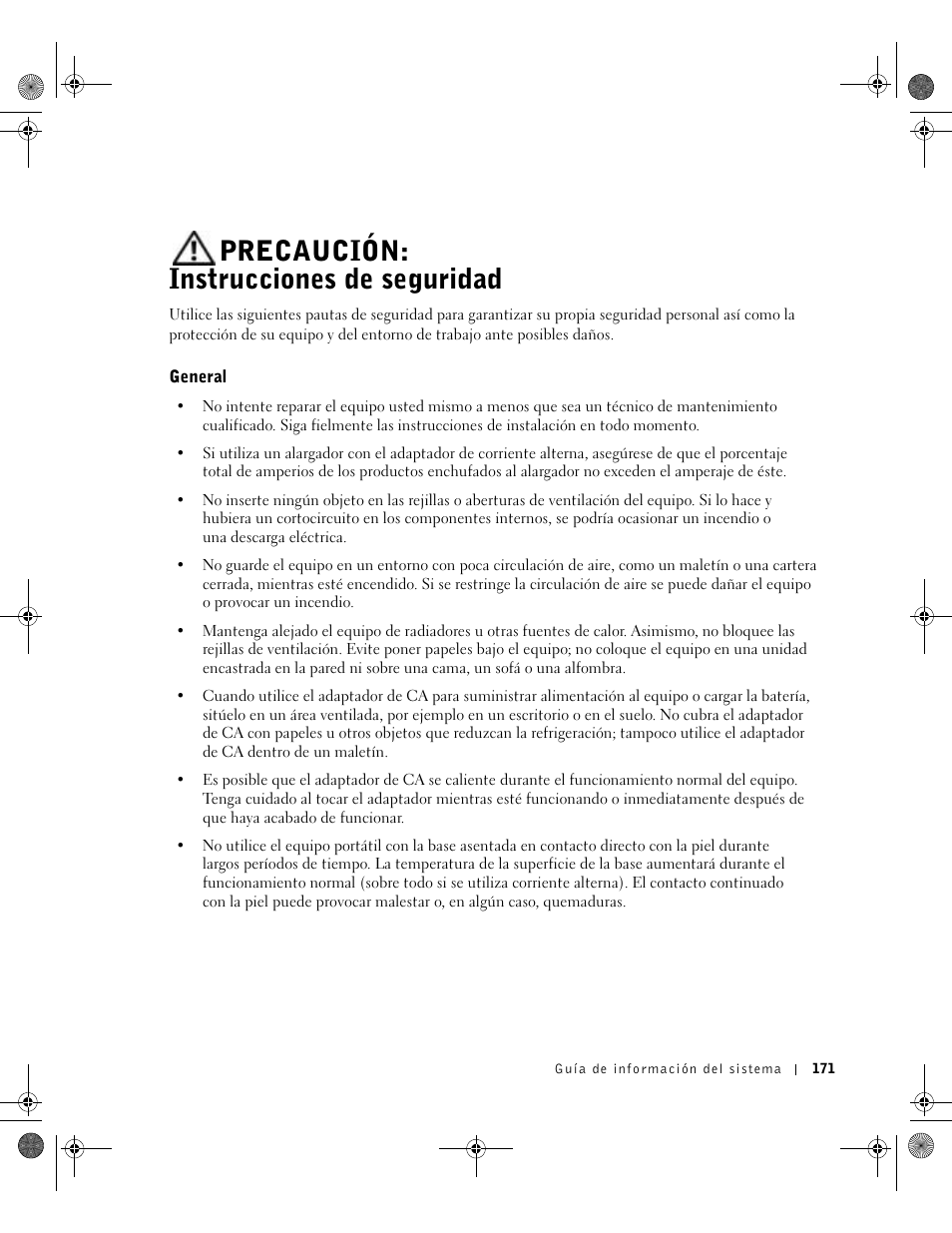 Precaución: instrucciones de seguridad, General | Dell Latitude D800 User Manual | Page 173 / 198