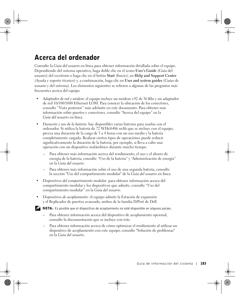 Acerca del ordenador | Dell Latitude D800 User Manual | Page 185 / 198