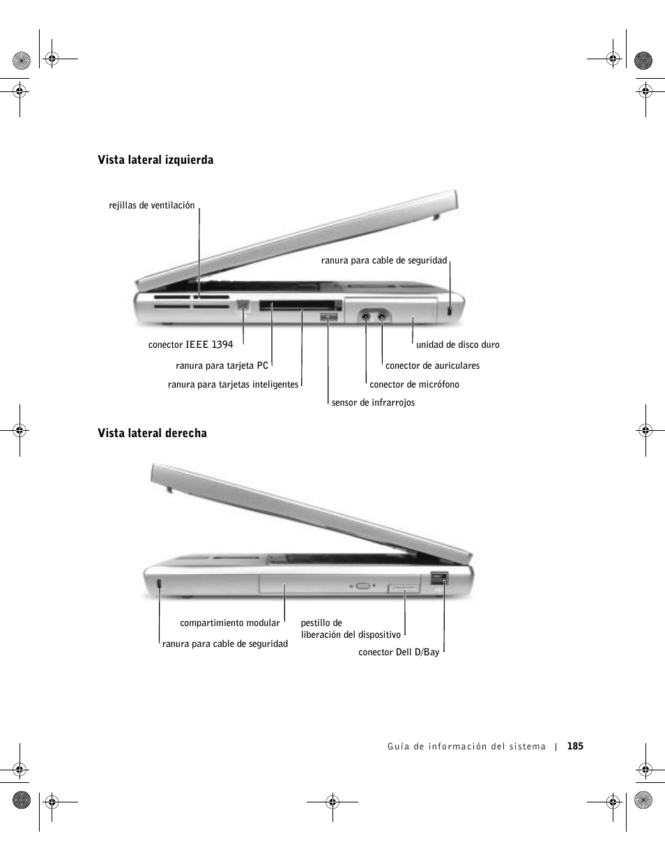 Vista lateral izquierda, Vista lateral derecha | Dell Latitude D800 User Manual | Page 187 / 198