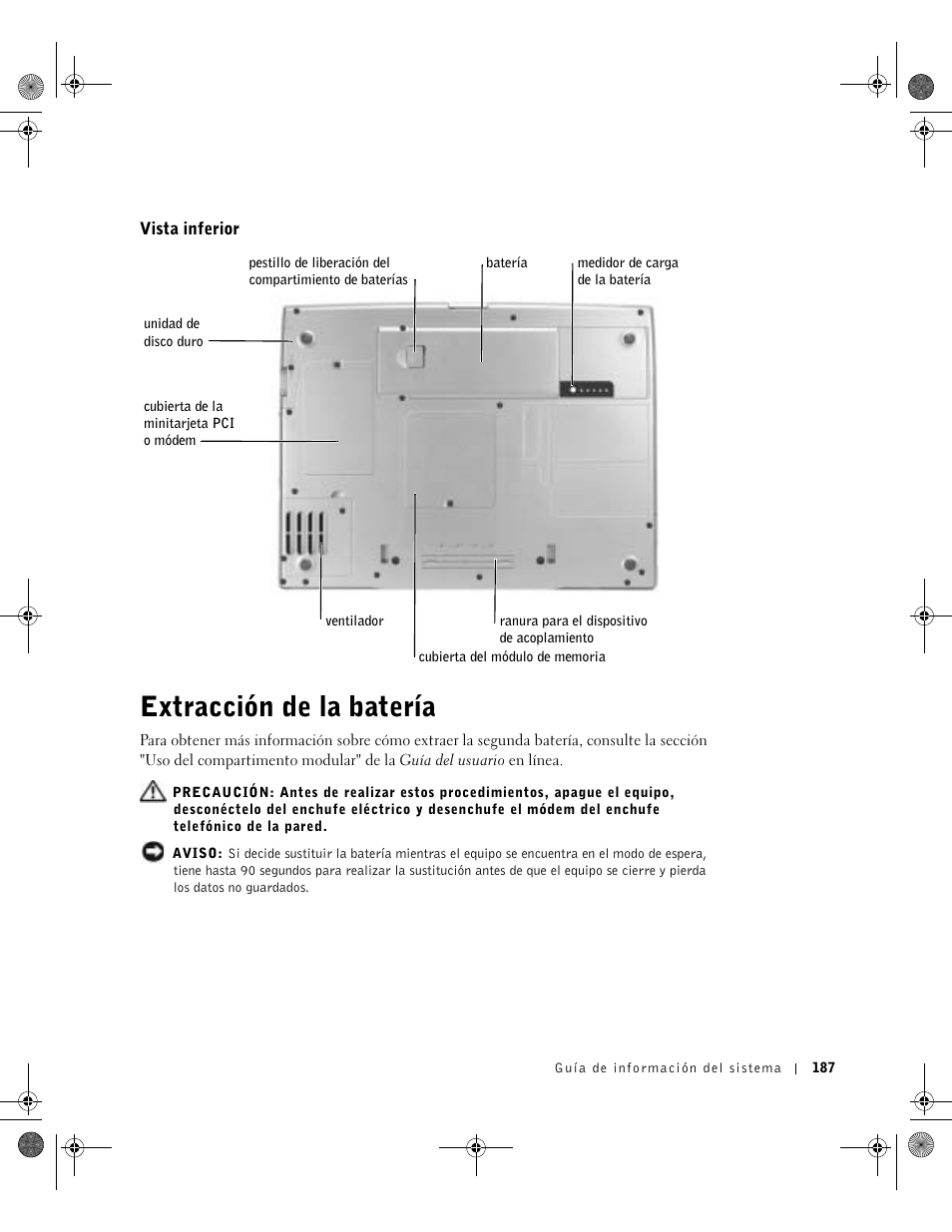 Vista inferior, Extracción de la batería | Dell Latitude D800 User Manual | Page 189 / 198