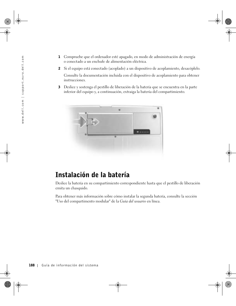 Instalación de la batería | Dell Latitude D800 User Manual | Page 190 / 198