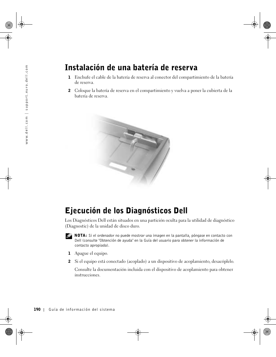 Instalación de una batería de reserva, Ejecución de los diagnósticos dell | Dell Latitude D800 User Manual | Page 192 / 198