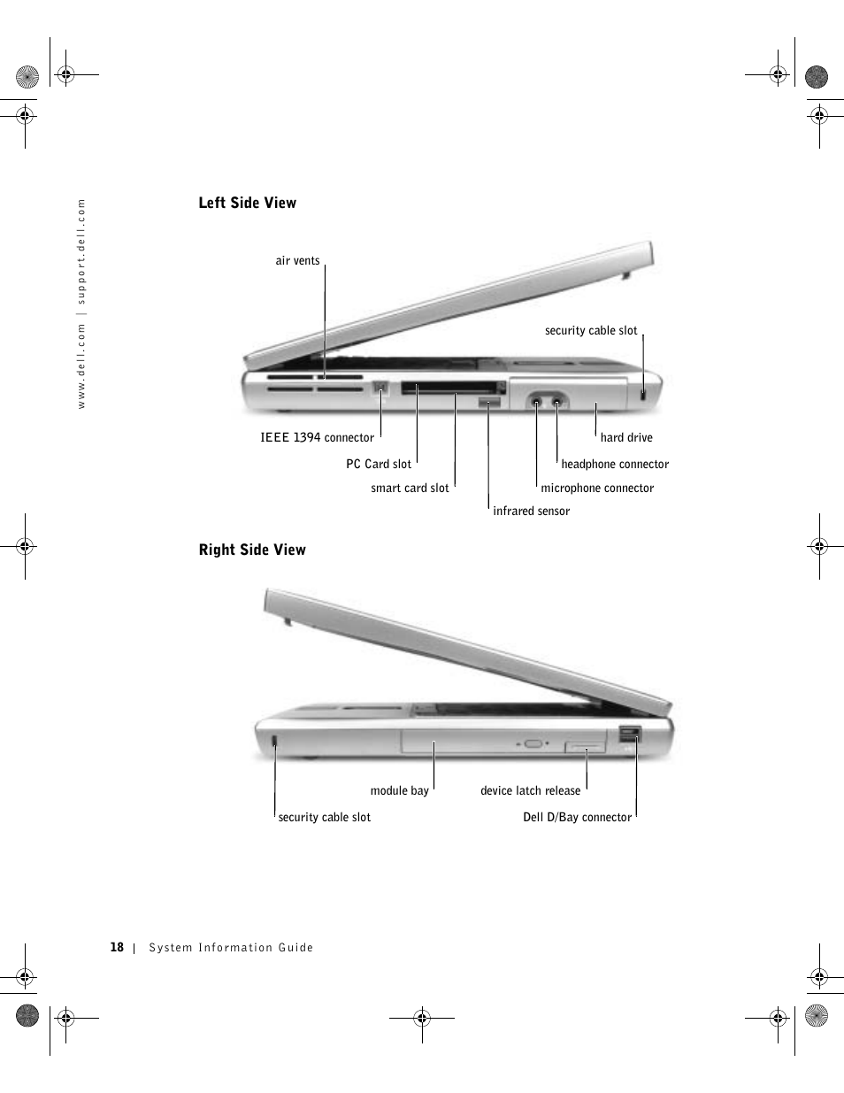 Left side view, Right side view | Dell Latitude D800 User Manual | Page 20 / 198