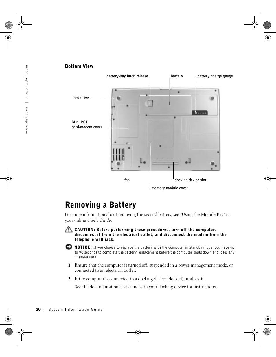 Bottom view, Removing a battery | Dell Latitude D800 User Manual | Page 22 / 198