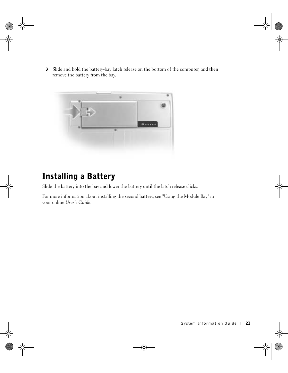 Installing a battery | Dell Latitude D800 User Manual | Page 23 / 198