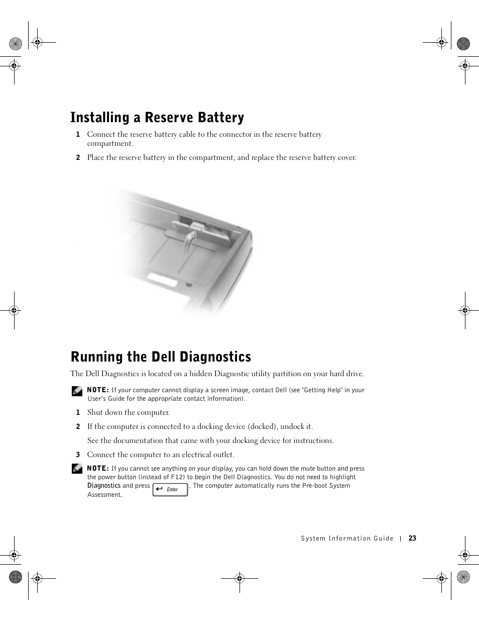 Installing a reserve battery, Running the dell diagnostics | Dell Latitude D800 User Manual | Page 25 / 198