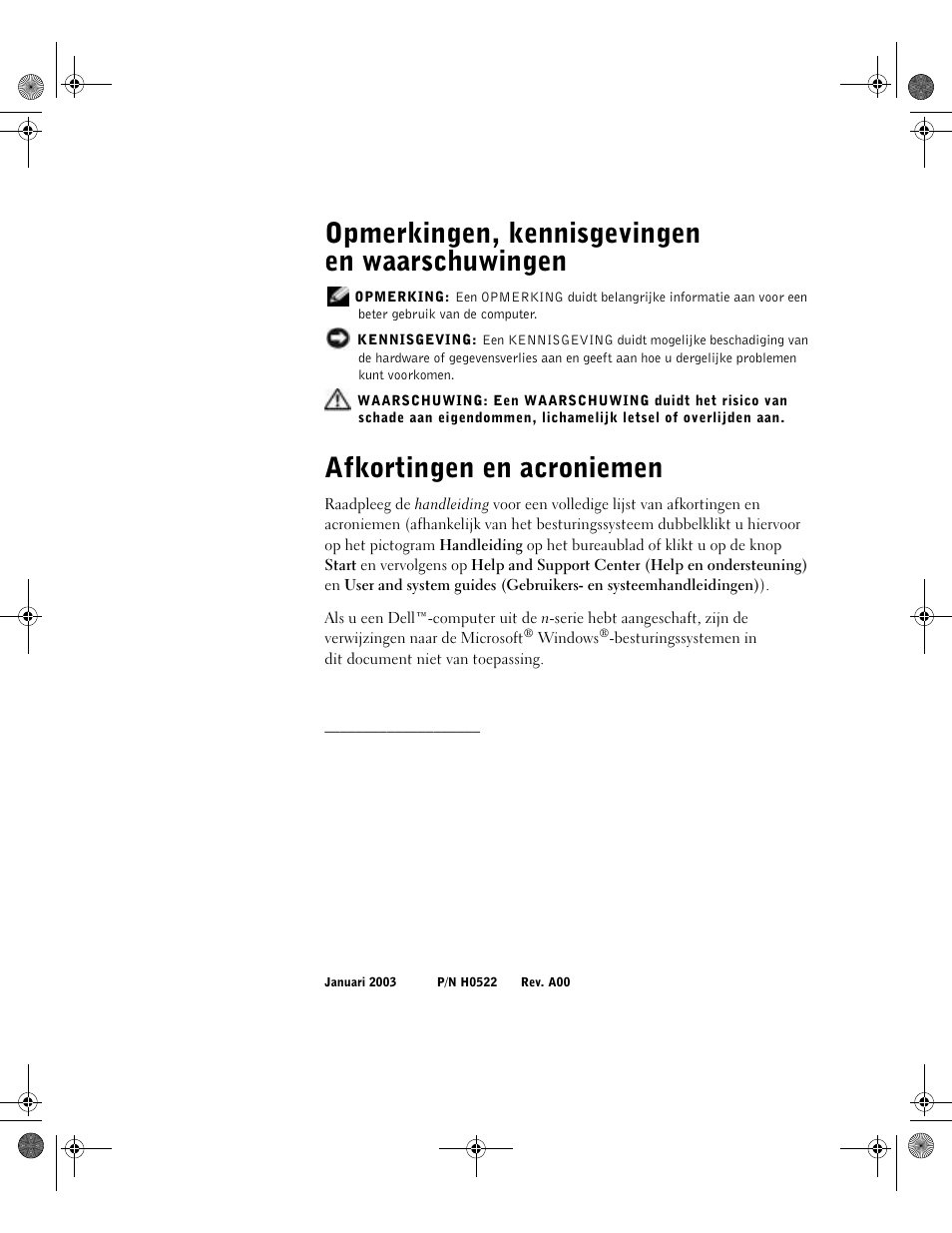 Opmerkingen, kennisgevingen en waarschuwingen, Afkortingen en acroniemen | Dell Latitude D800 User Manual | Page 30 / 198