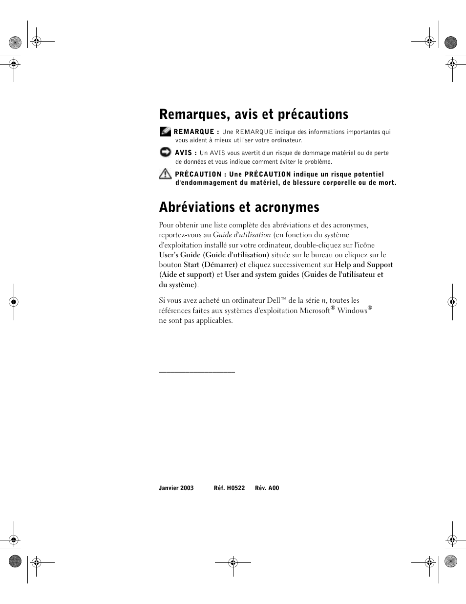 Remarques, avis et précautions, Abréviations et acronymes | Dell Latitude D800 User Manual | Page 58 / 198