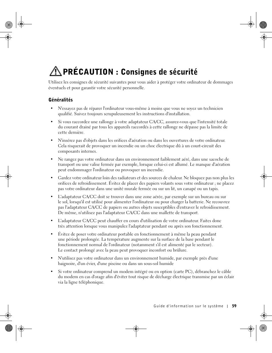 Précaution : consignes de sécurité, Généralités | Dell Latitude D800 User Manual | Page 61 / 198