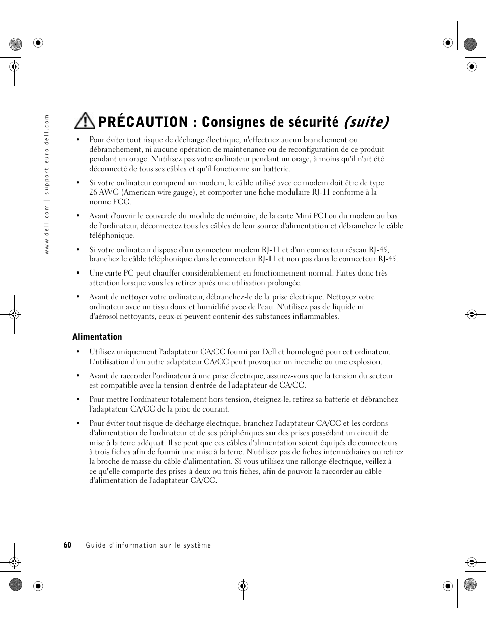 Alimentation, Précaution : consignes de sécurité (suite) | Dell Latitude D800 User Manual | Page 62 / 198