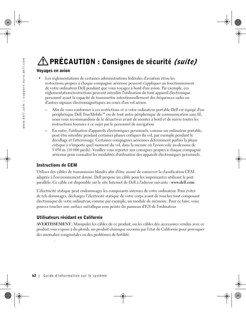 Voyages en avion, Instructions de cem, Utilisateurs résidant en californie | Précaution : consignes de sécurité (suite) | Dell Latitude D800 User Manual | Page 64 / 198