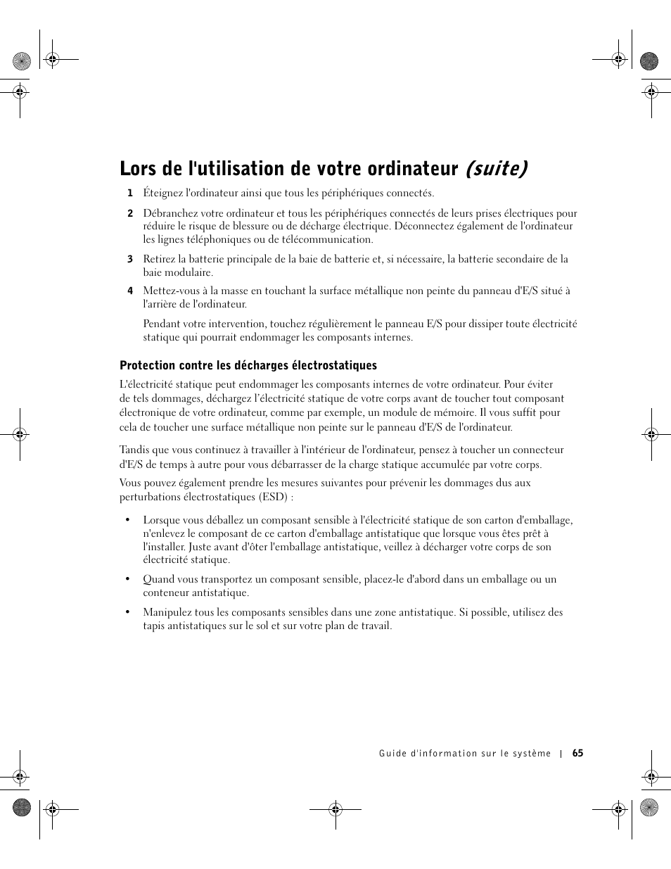 Protection contre les décharges électrostatiques, Lors de l'utilisation de votre ordinateur (suite) | Dell Latitude D800 User Manual | Page 67 / 198