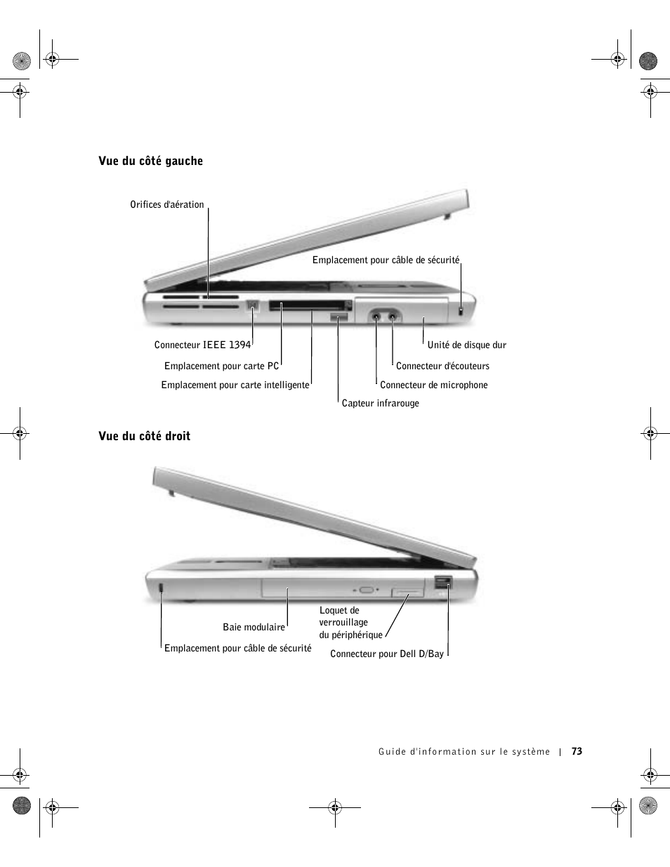 Vue du côté gauche, Vue du côté droit | Dell Latitude D800 User Manual | Page 75 / 198