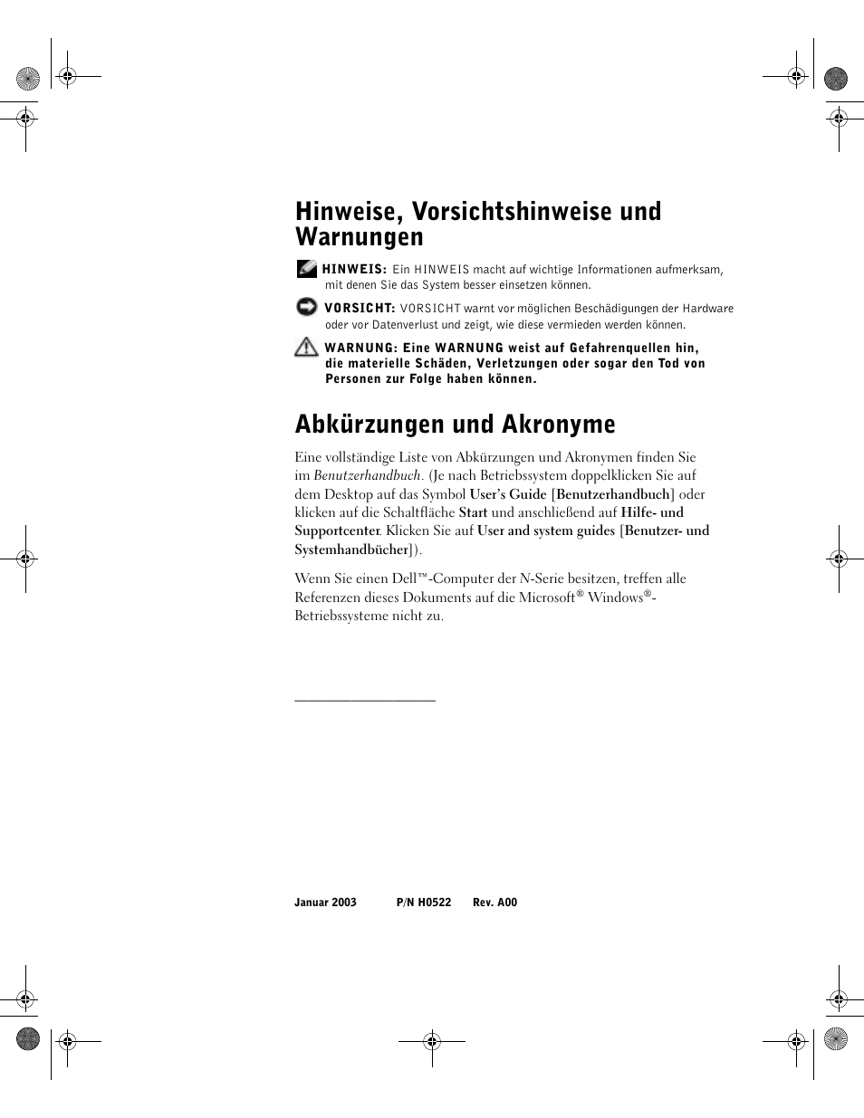 Hinweise, vorsichtshinweise und warnungen, Abkürzungen und akronyme | Dell Latitude D800 User Manual | Page 86 / 198