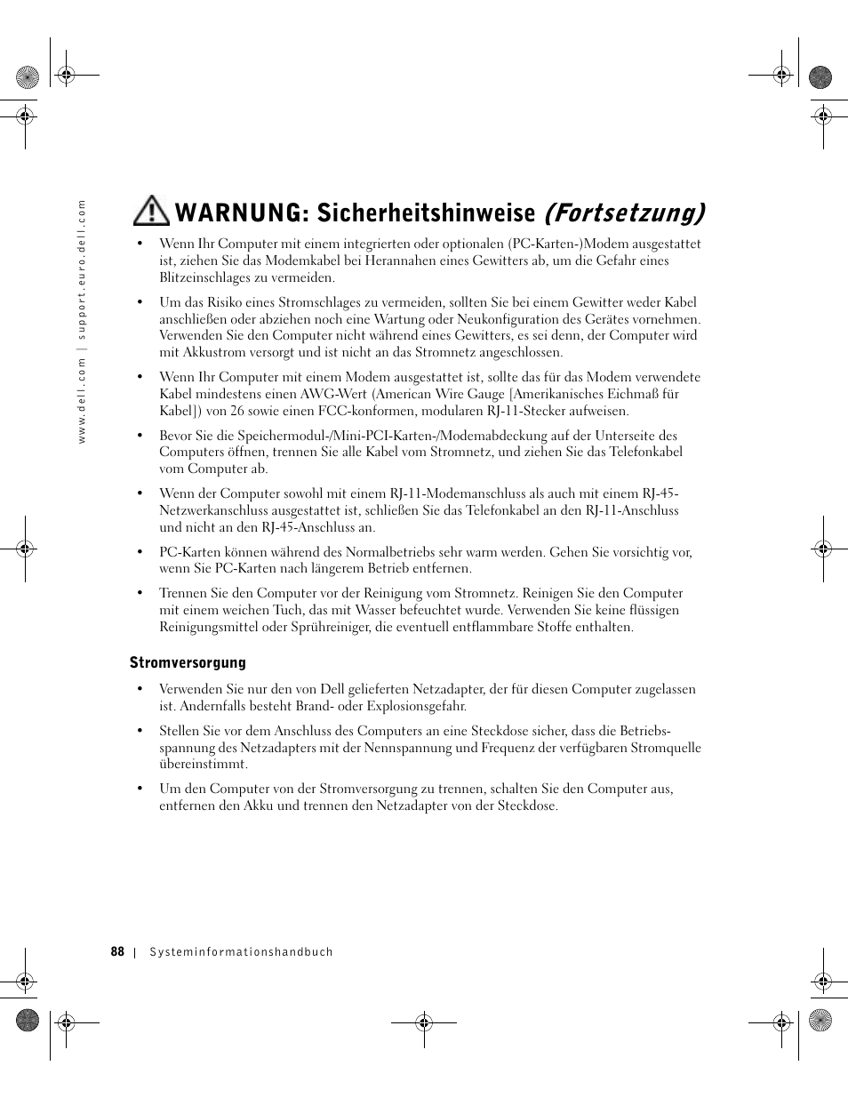 Stromversorgung, Warnung: sicherheitshinweise, Fortsetzung) | Dell Latitude D800 User Manual | Page 90 / 198