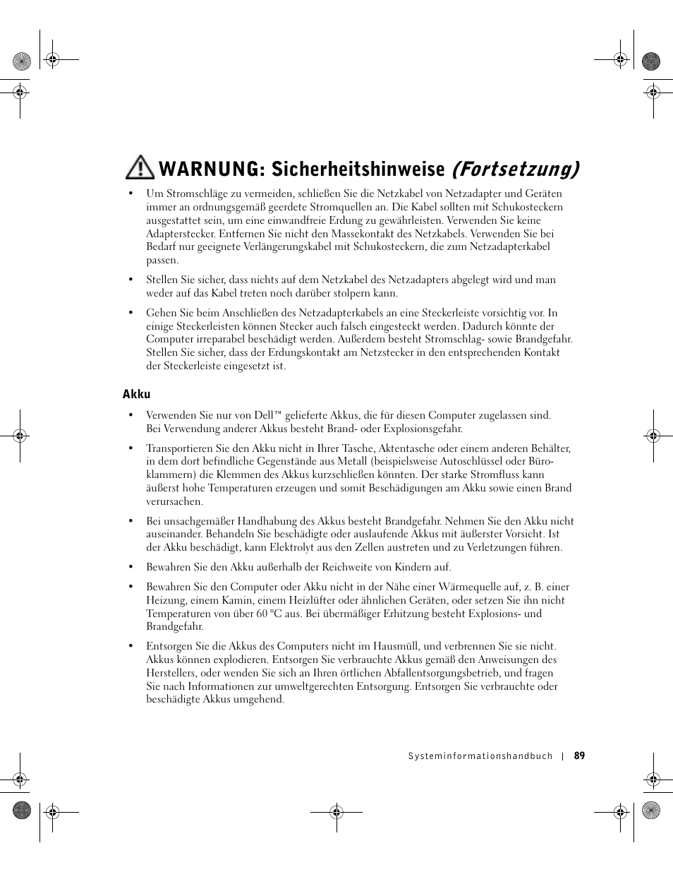 Akku, Warnung: sicherheitshinweise, Fortsetzung) | Dell Latitude D800 User Manual | Page 91 / 198