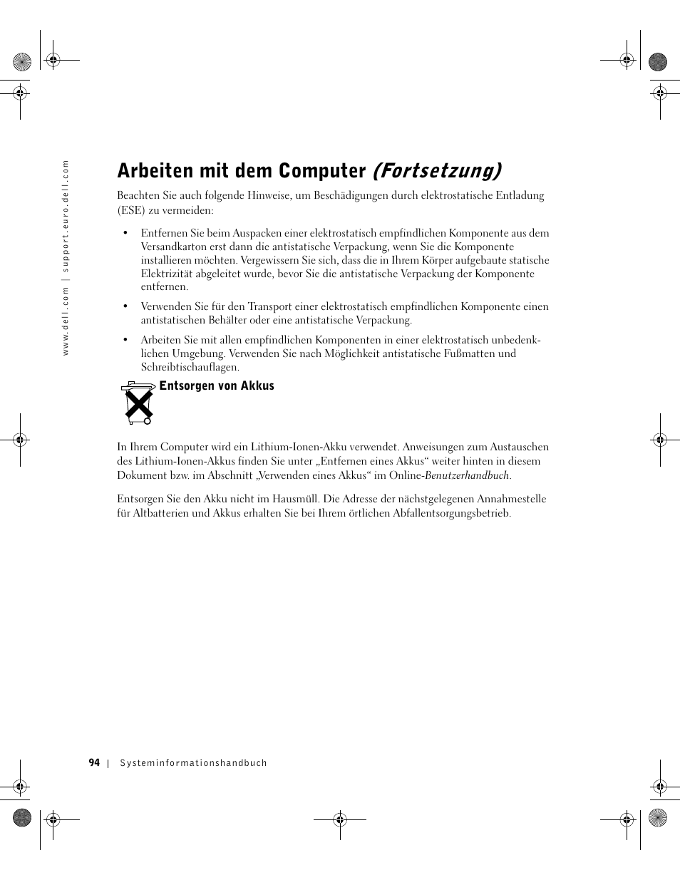 Entsorgen von akkus, Arbeiten mit dem computer (fortsetzung) | Dell Latitude D800 User Manual | Page 96 / 198