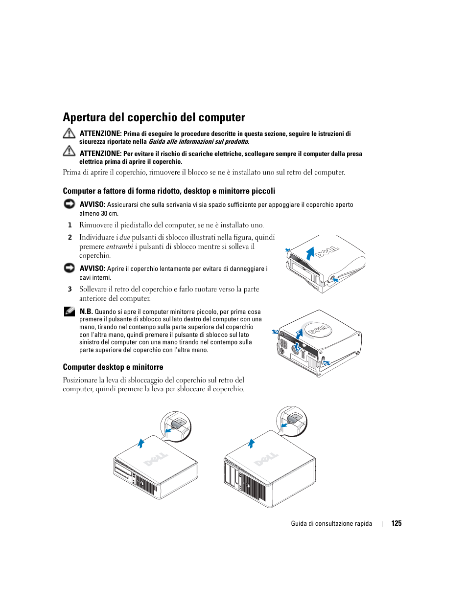 Apertura del coperchio del computer, Computer desktop e minitorre | Dell OptiPlex GX280 User Manual | Page 125 / 220