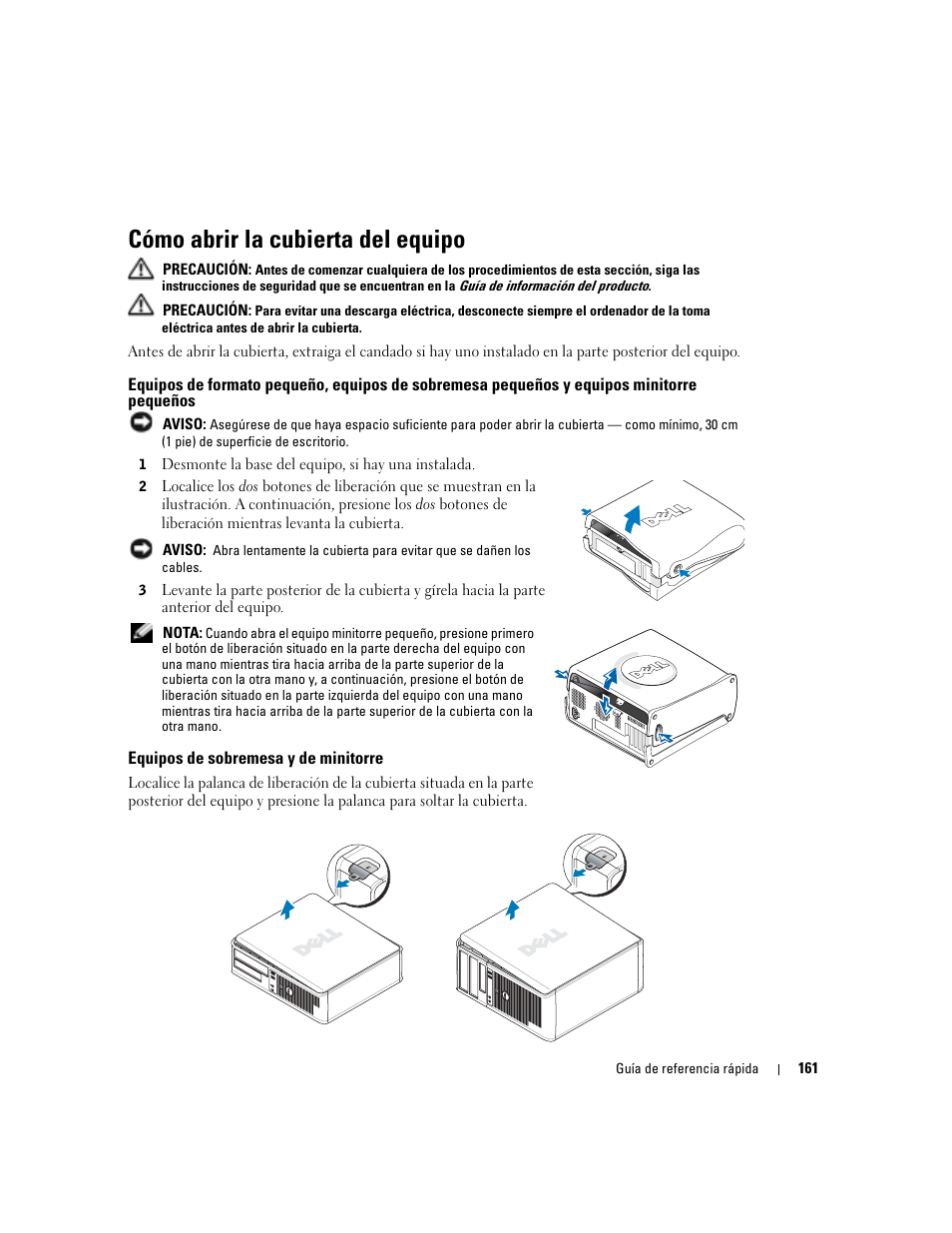 Cómo abrir la cubierta del equipo, Equipos de sobremesa y de minitorre | Dell OptiPlex GX280 User Manual | Page 161 / 220