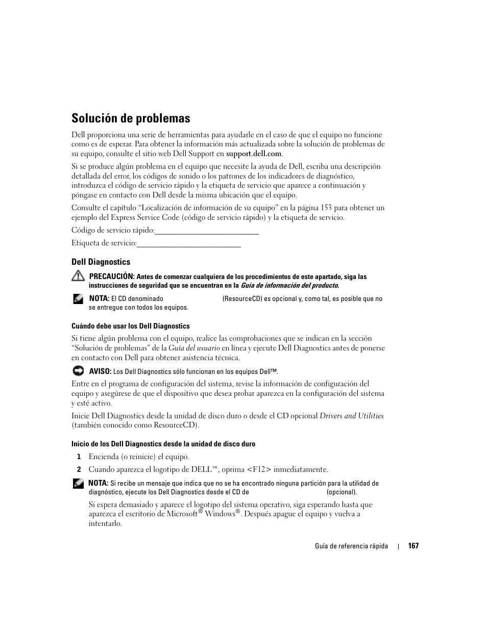 Solución de problemas, Dell diagnostics | Dell OptiPlex GX280 User Manual | Page 167 / 220