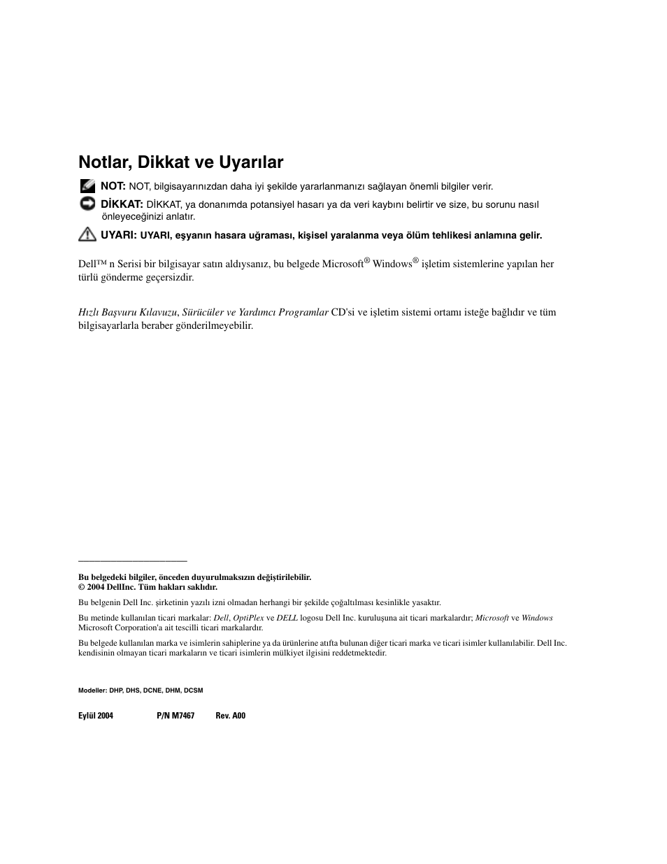 Notlar, dikkat ve uyarılar | Dell OptiPlex GX280 User Manual | Page 186 / 220