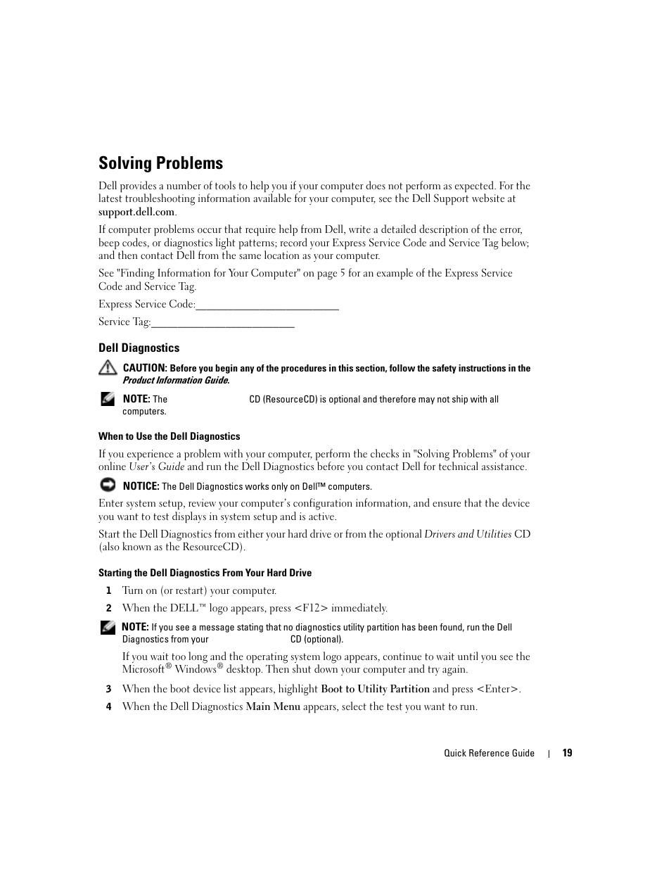 Solving problems, Dell diagnostics | Dell OptiPlex GX280 User Manual | Page 19 / 220