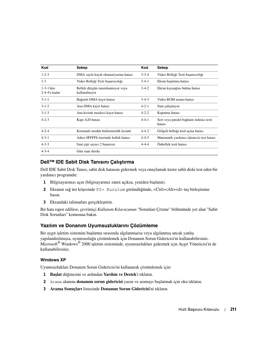 Dell™ ide sabit disk tanısını çalıştırma, Yazılım ve donanım uyumsuzluklarını çözümleme, Dell™ ide sabit disk tanısını çalı ş tırma | Dell OptiPlex GX280 User Manual | Page 211 / 220