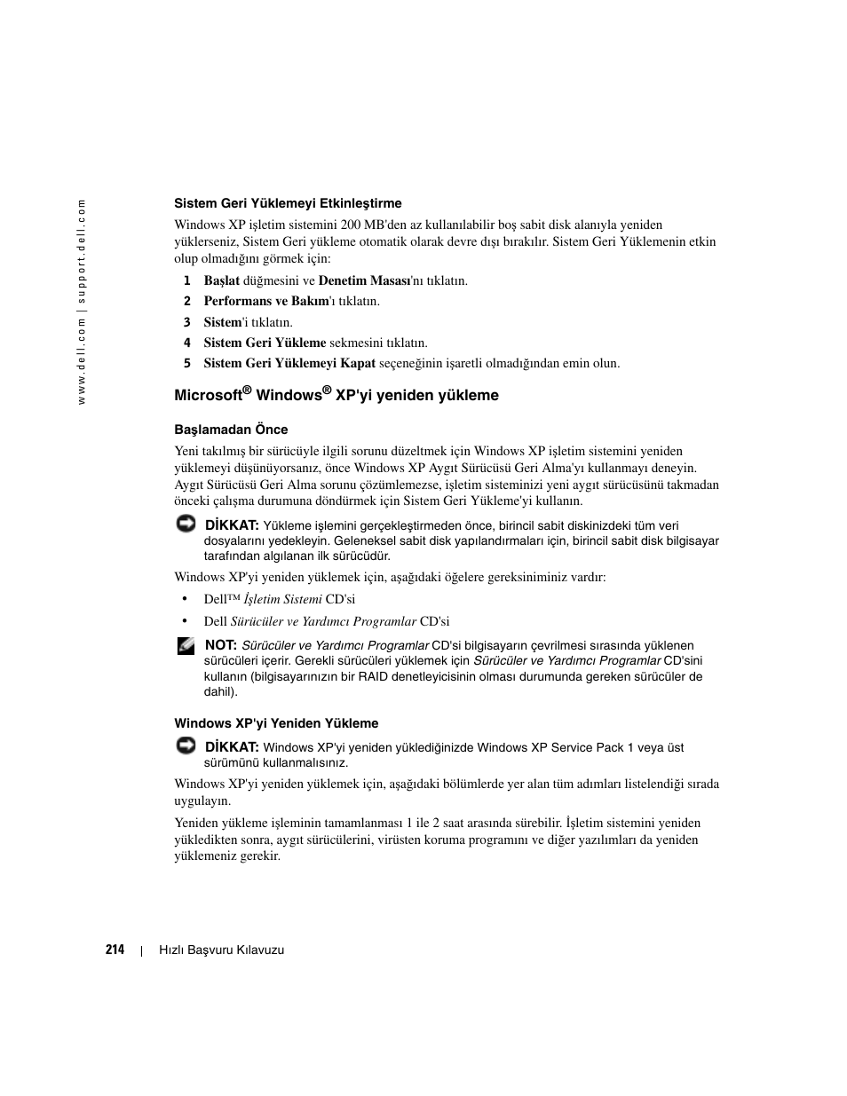 Microsoft® windows® xp'yi yeniden yükleme | Dell OptiPlex GX280 User Manual | Page 214 / 220
