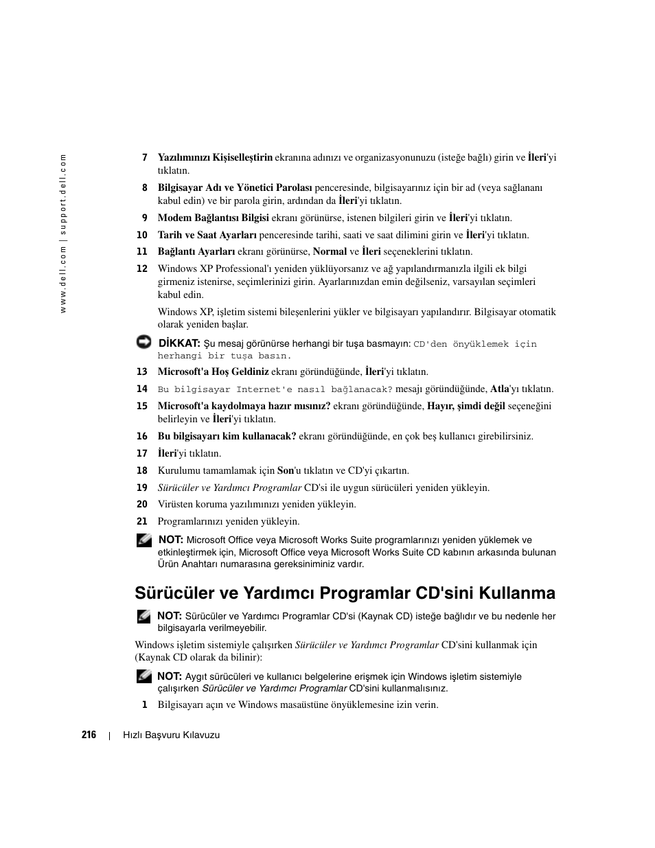 Sürücüler ve yardımcı programlar cd'sini kullanma | Dell OptiPlex GX280 User Manual | Page 216 / 220
