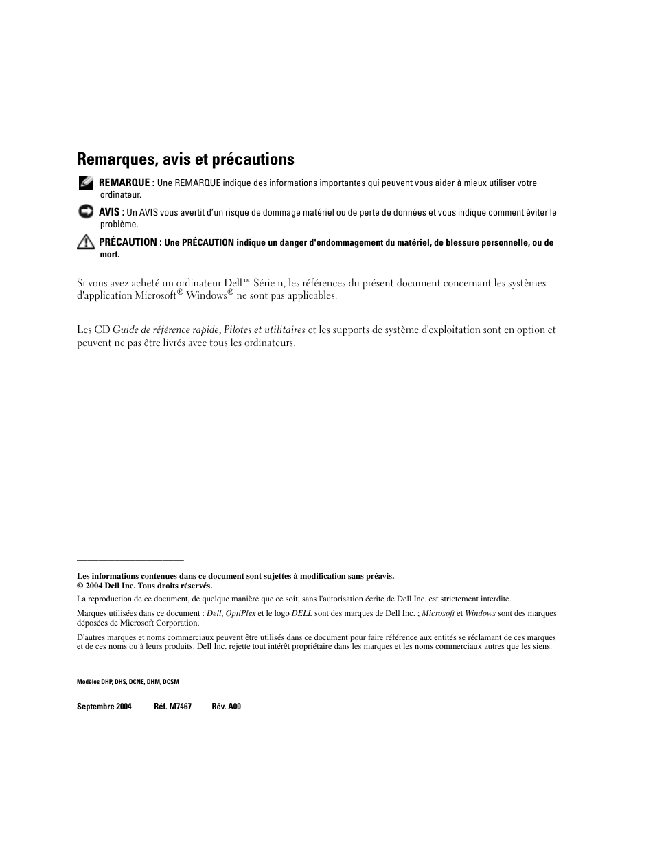 Remarques, avis et précautions | Dell OptiPlex GX280 User Manual | Page 38 / 220