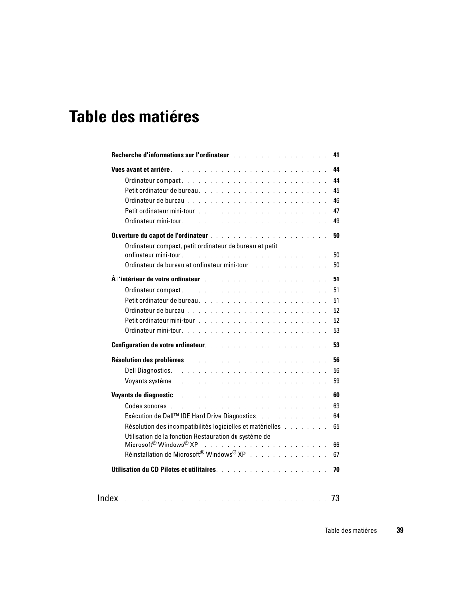 Table des matiéres, Index | Dell OptiPlex GX280 User Manual | Page 39 / 220